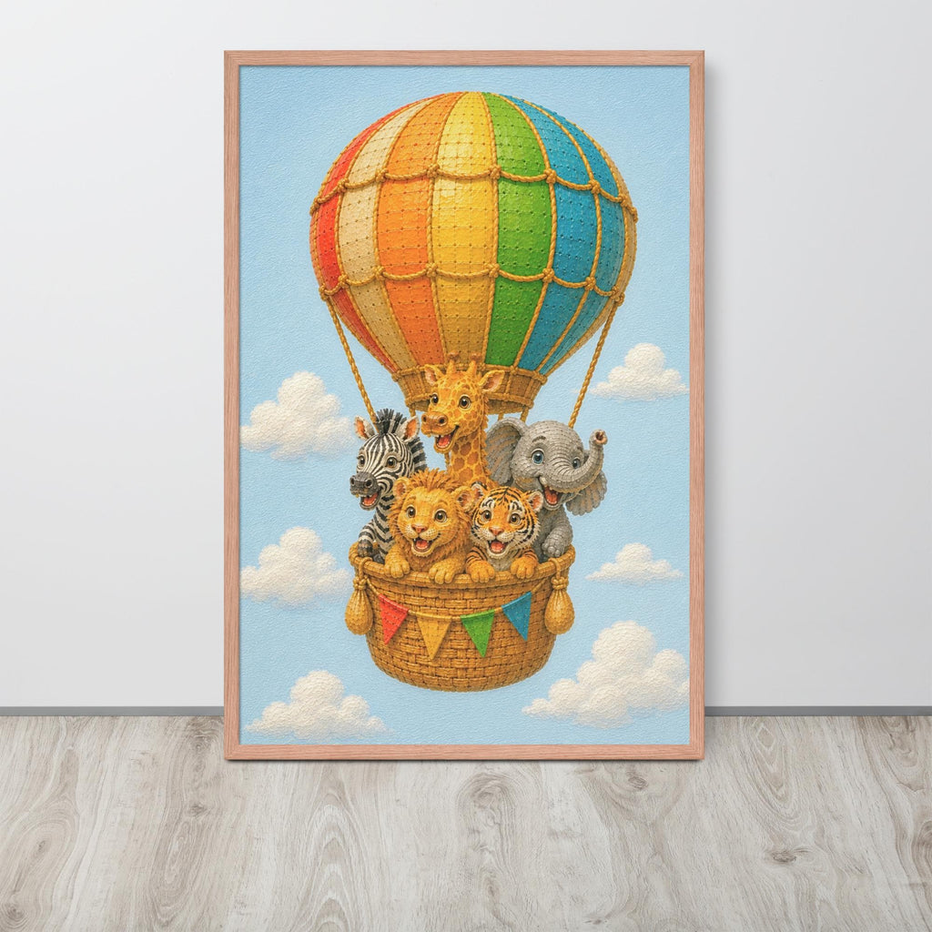 A framed safari nursery wall art print featuring a colorful hot air balloon with cartoon safari animals including lion, a zebra, giraffe, tiger and an elephant, set against a light blue sky. The print is displayed on a light gray wall above a light wood floor.