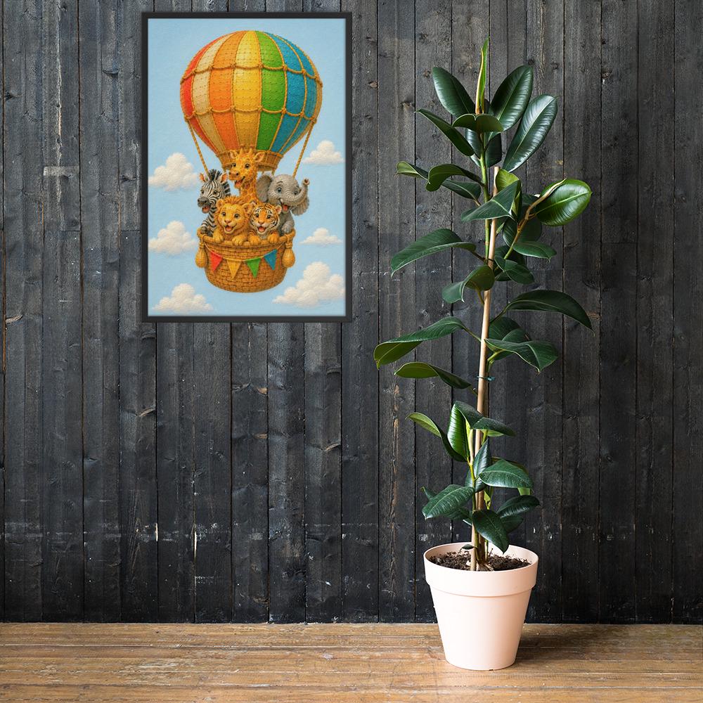 Hot Air Balloon Safari Nursery Wall Art styled on a wall, blending baby jungle animals and nursery wall art inspiration