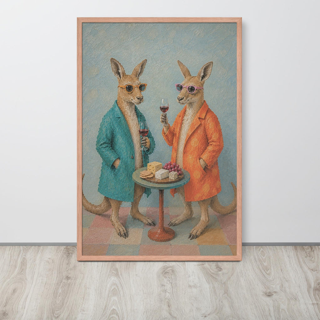Kangaroo Wine & Cheese Wall Art Print hanging as kangaroo wine cheese decor with a kangaroo decor look