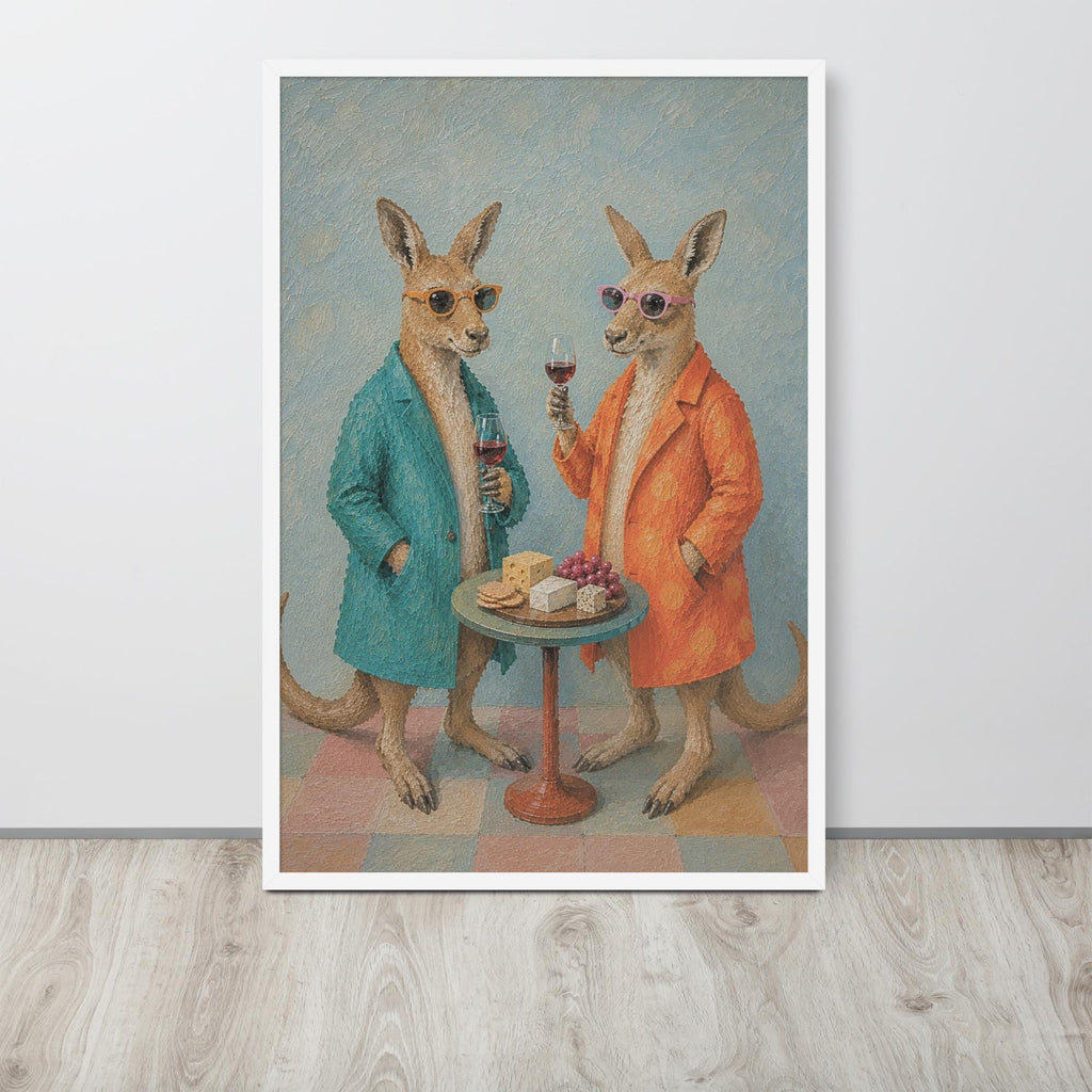 Kangaroo Wine & Cheese Wall Art Print lifestyle photo capturing kangaroo gift, suited to funny animal art spaces