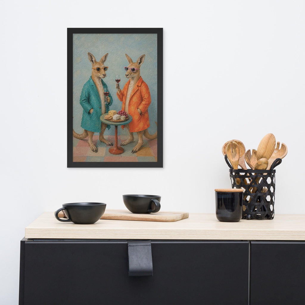 Kangaroo Wine & Cheese Wall Art Print styled on a wall, blending funny animal poster and kangaroo gift inspiration