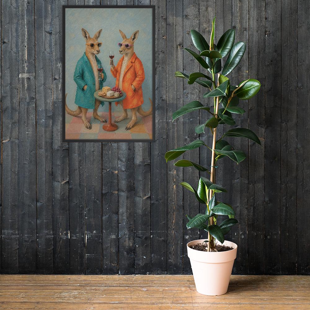 Kangaroo Wine & Cheese Wall Art Print mockup highlighting funny kangaroo and kangaroo poster style