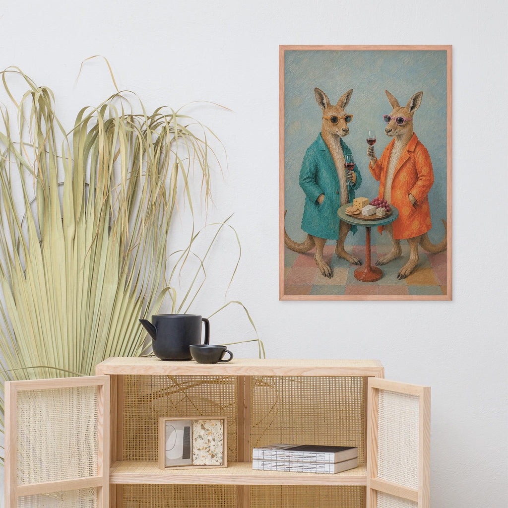 Kangaroo Wine & Cheese Wall Art Print displayed in a modern room, ideal funny kitchen art accent for kangaroo print