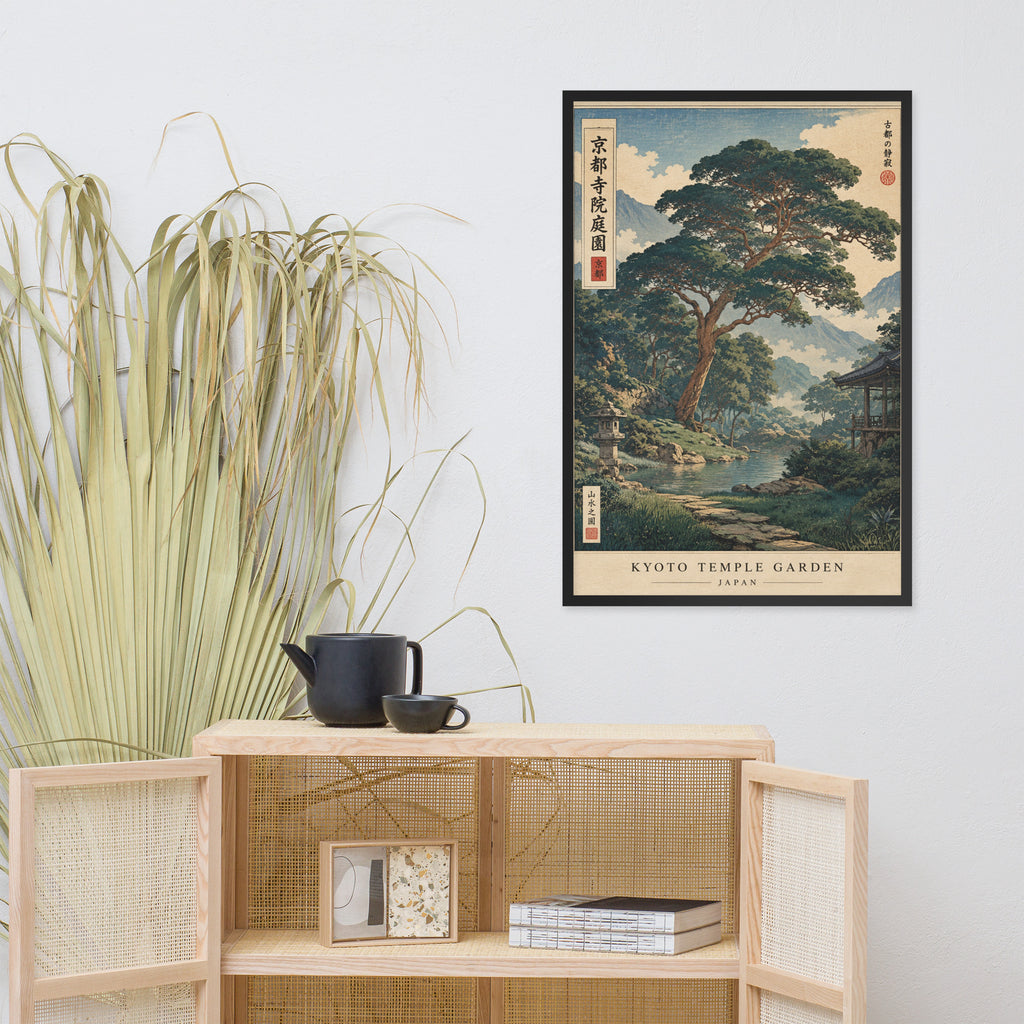Vintage-style travel poster of Kyoto Temple Garden featuring a huge Japanese pine tree and temple.