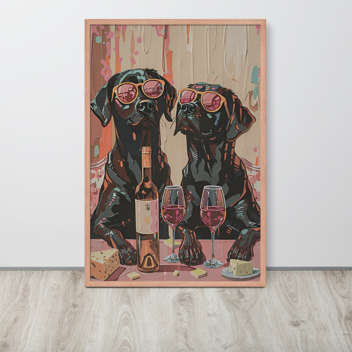 Funny dog lovers decor art print depicting two black labrador dogs wearing pink sunglasses at a wine table, leaning against a white wall on a light wood floor.
