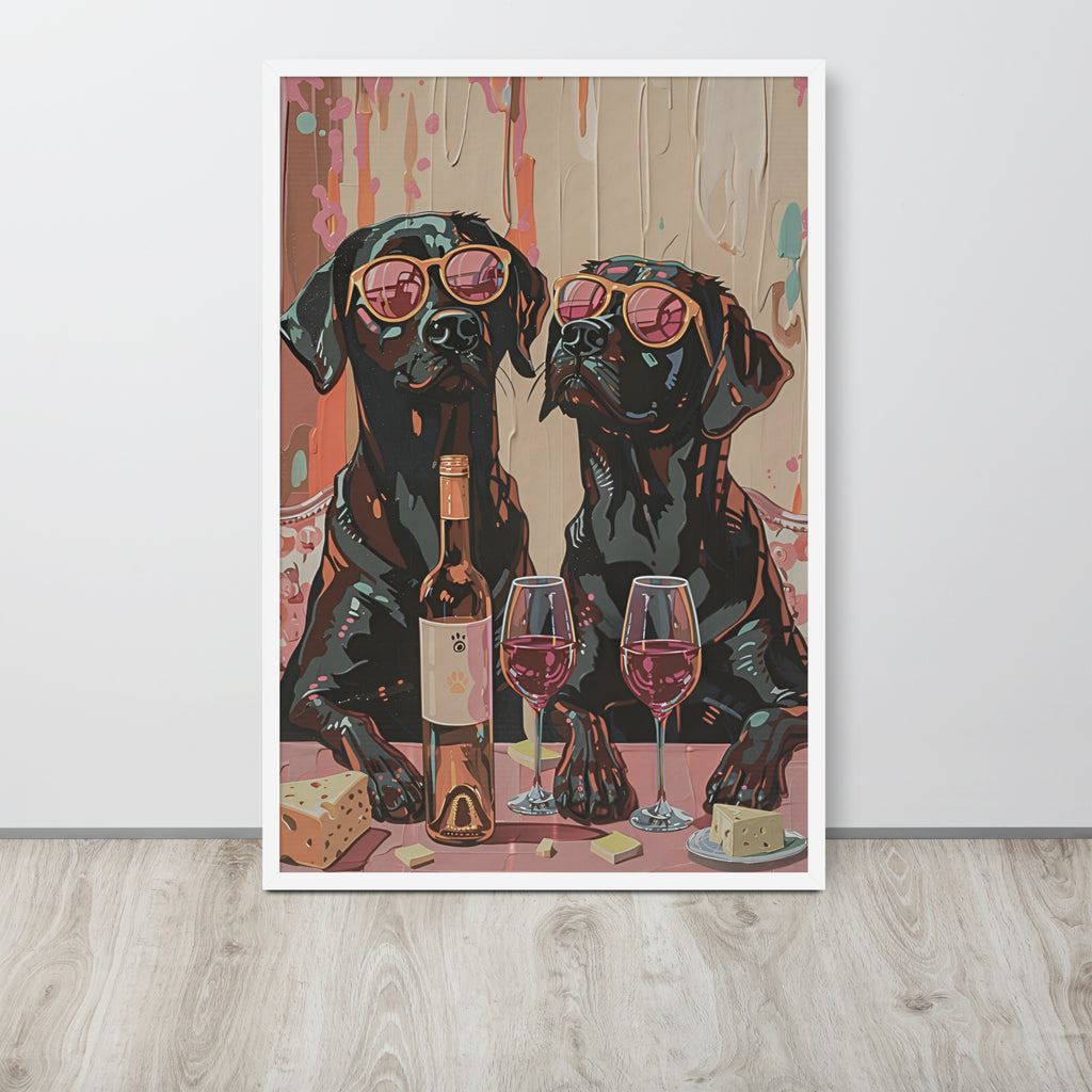 Whimsical dog lovers decor art print featuring a stylized illustration of two black labrador  dogs wearing pink sunglasses at a table with wine glasses, a wine bottle, cheese, and a loaf, displayed against a light wall on a light wood floor.