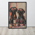 Funny labrador art print featuring a stylized illustration of two black labrador dogs wearing pink sunglasses at a table with wine glasses, a wine bottle, cheese, and a loaf, displayed against a light wall on a light wood floor.