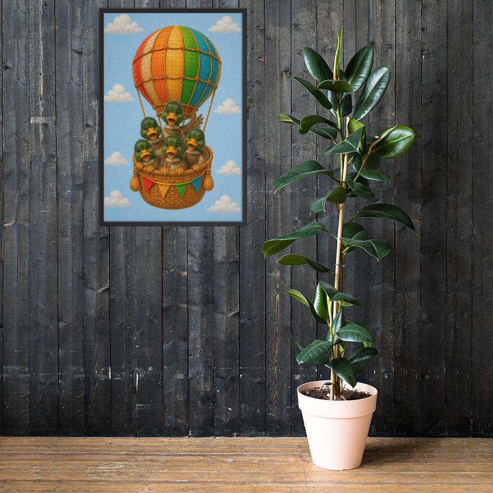 Mallard Ducks Hot Air Balloon Nursery Wall Art styled on a wall, blending duck bathroom art and mallard duck inspiration