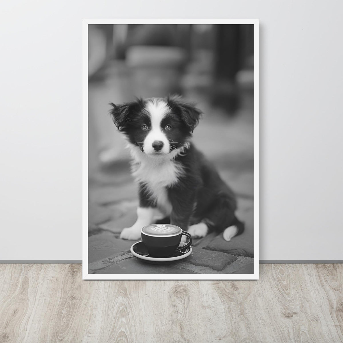 Border Collie Black & White Print hanging as puppy print decor with a dog photography look