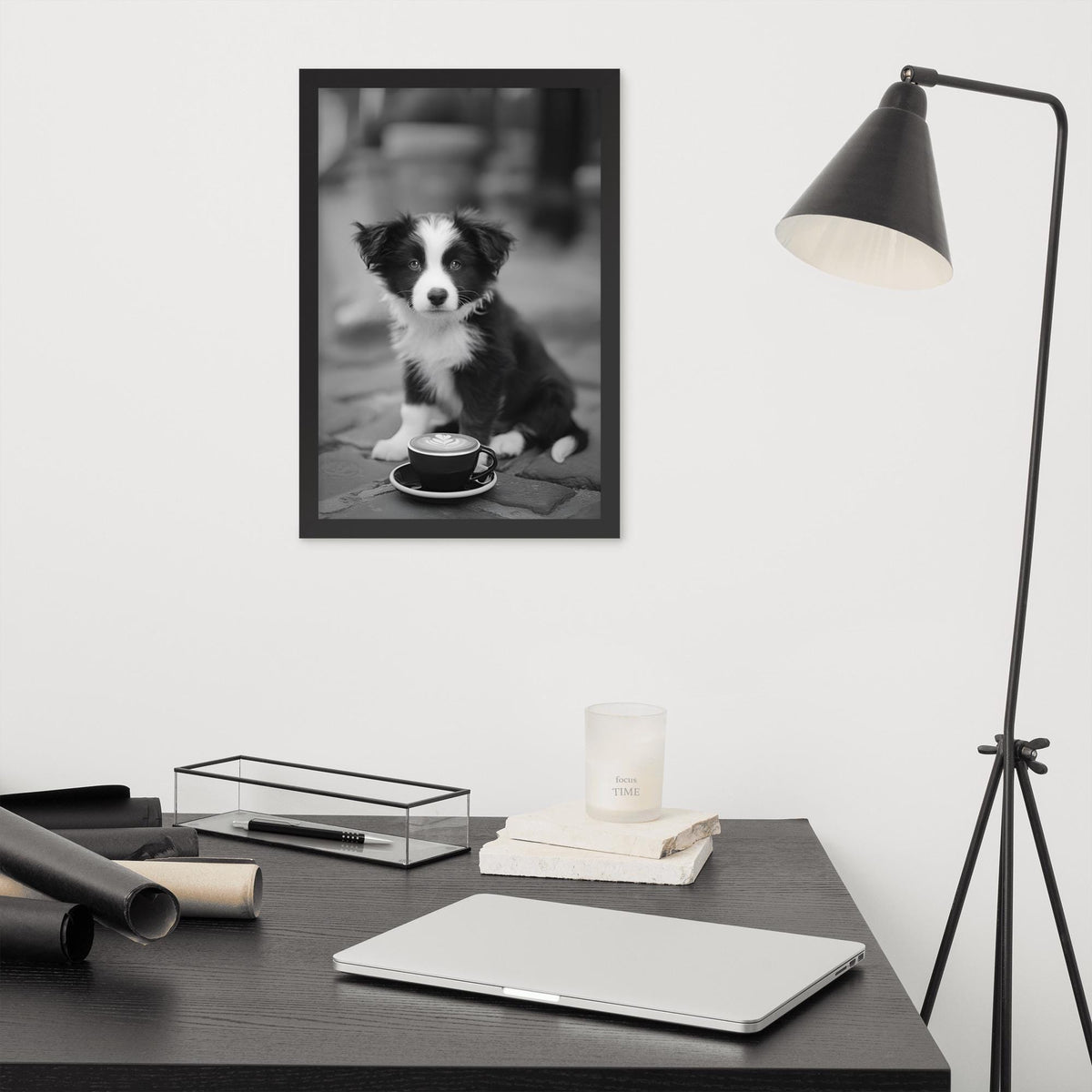Border Collie Black & White Print styled on a wall, blending black and white dog and dog wall art inspiration
