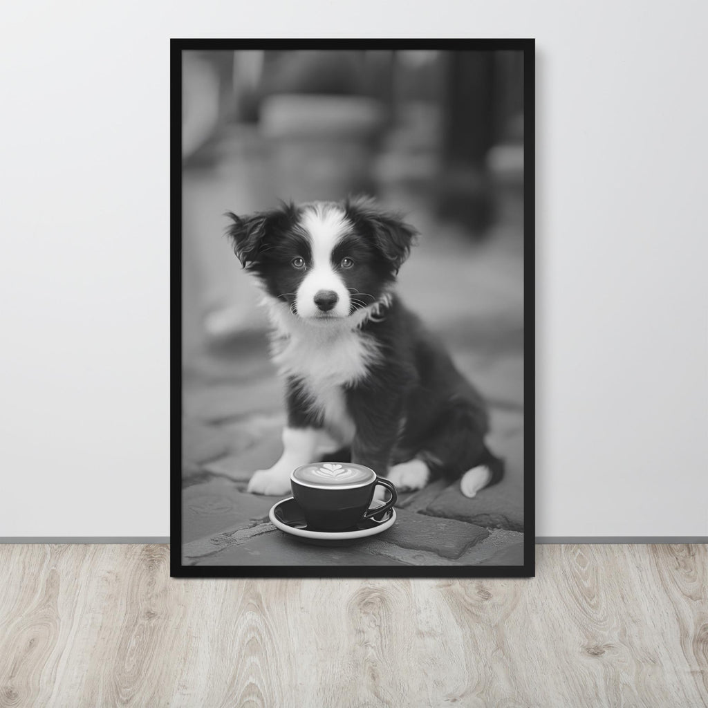 Border Collie Black & White Print displayed in a modern room, ideal black white prints accent for monochrome puppy art