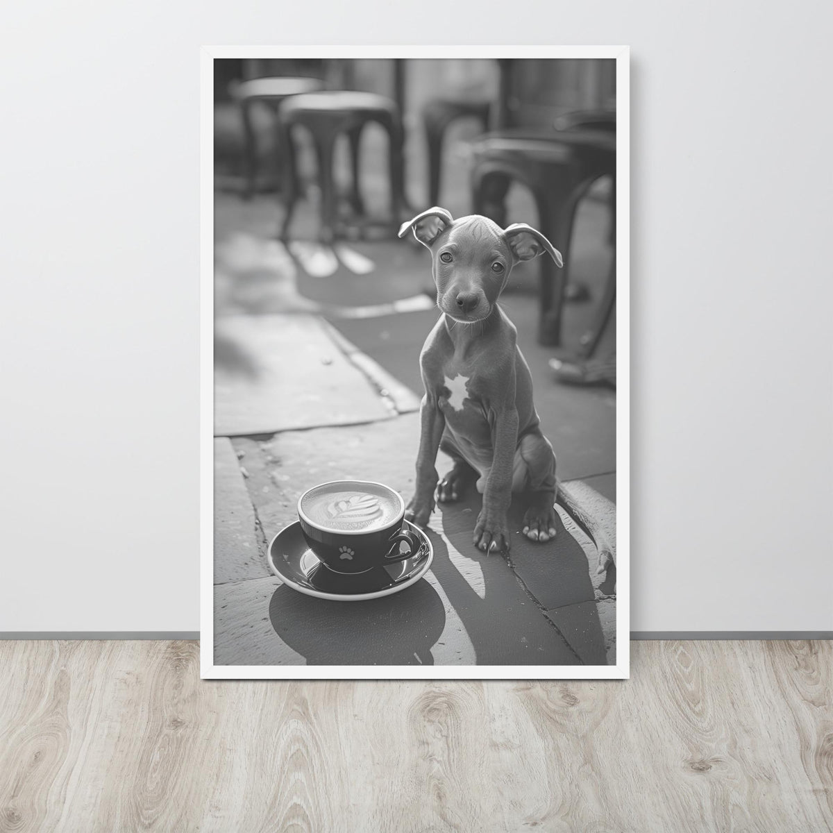 Italian Greyhound Black & White Print hanging as puppy print decor with a dog wall art look