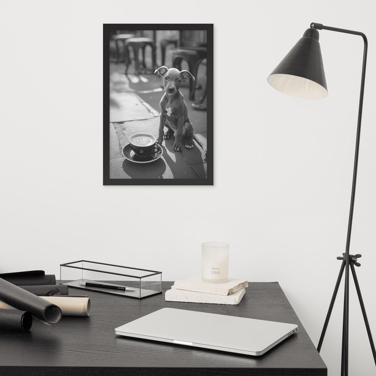 Italian Greyhound Black & White Print styled on a wall, blending black and white dog and greyhound wall art inspiration
