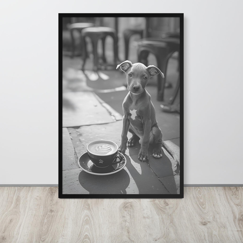 Italian Greyhound Black & White Print displayed in a modern room, ideal black white prints accent for monochrome puppy art