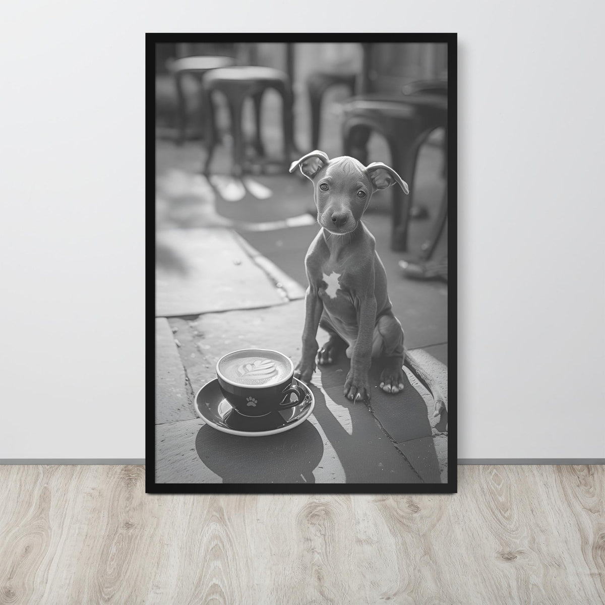 Italian Greyhound Black & White Print displayed in a modern room, ideal black white prints accent for monochrome puppy art
