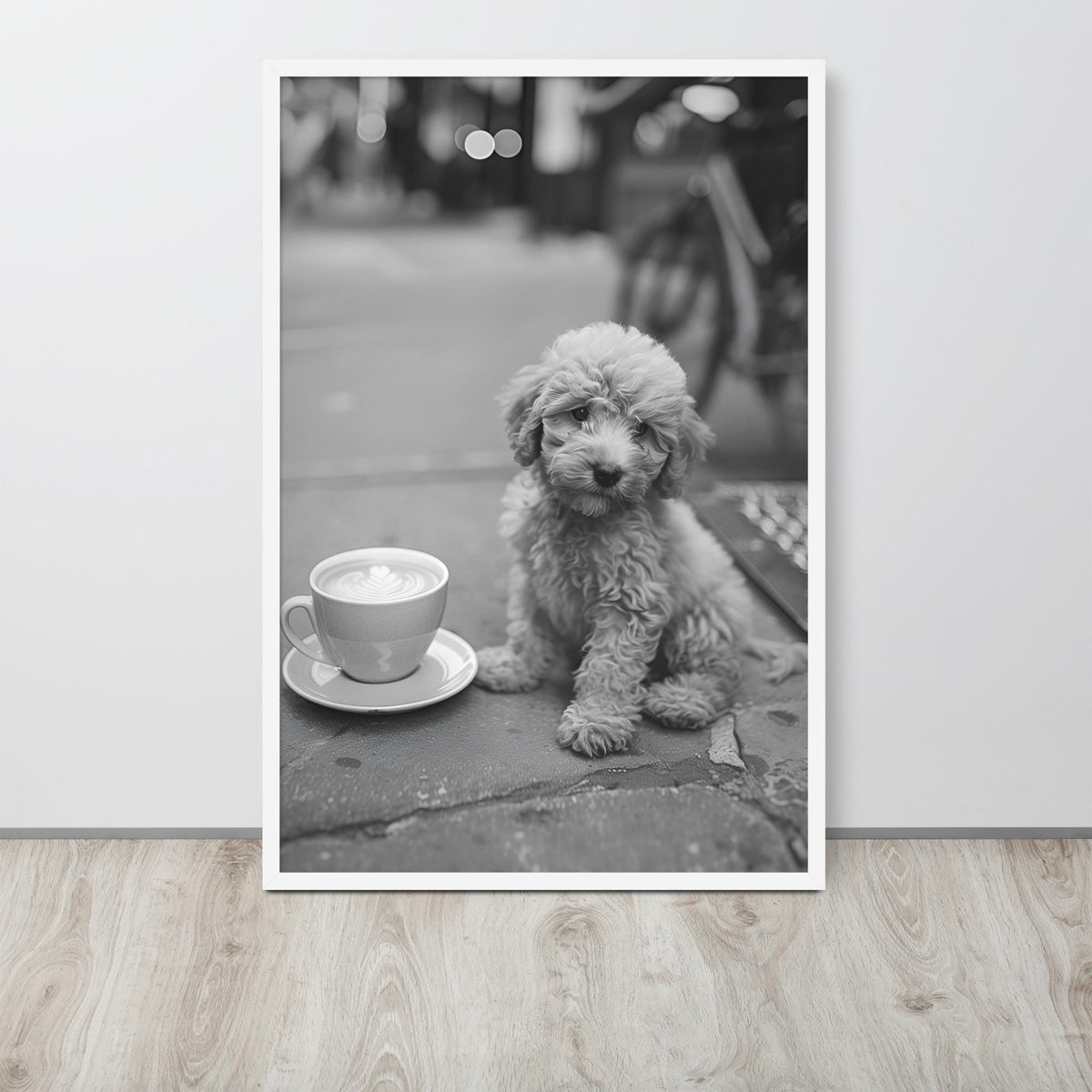 Poodle Puppy Black & White Print hanging as puppy print decor with a fine art photography look