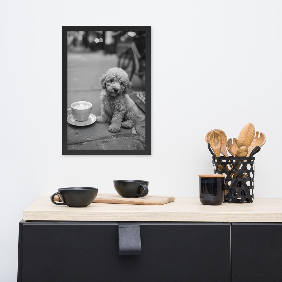 Poodle Puppy Black & White Print styled on a wall, blending black and white dog and minimalist dog art inspiration