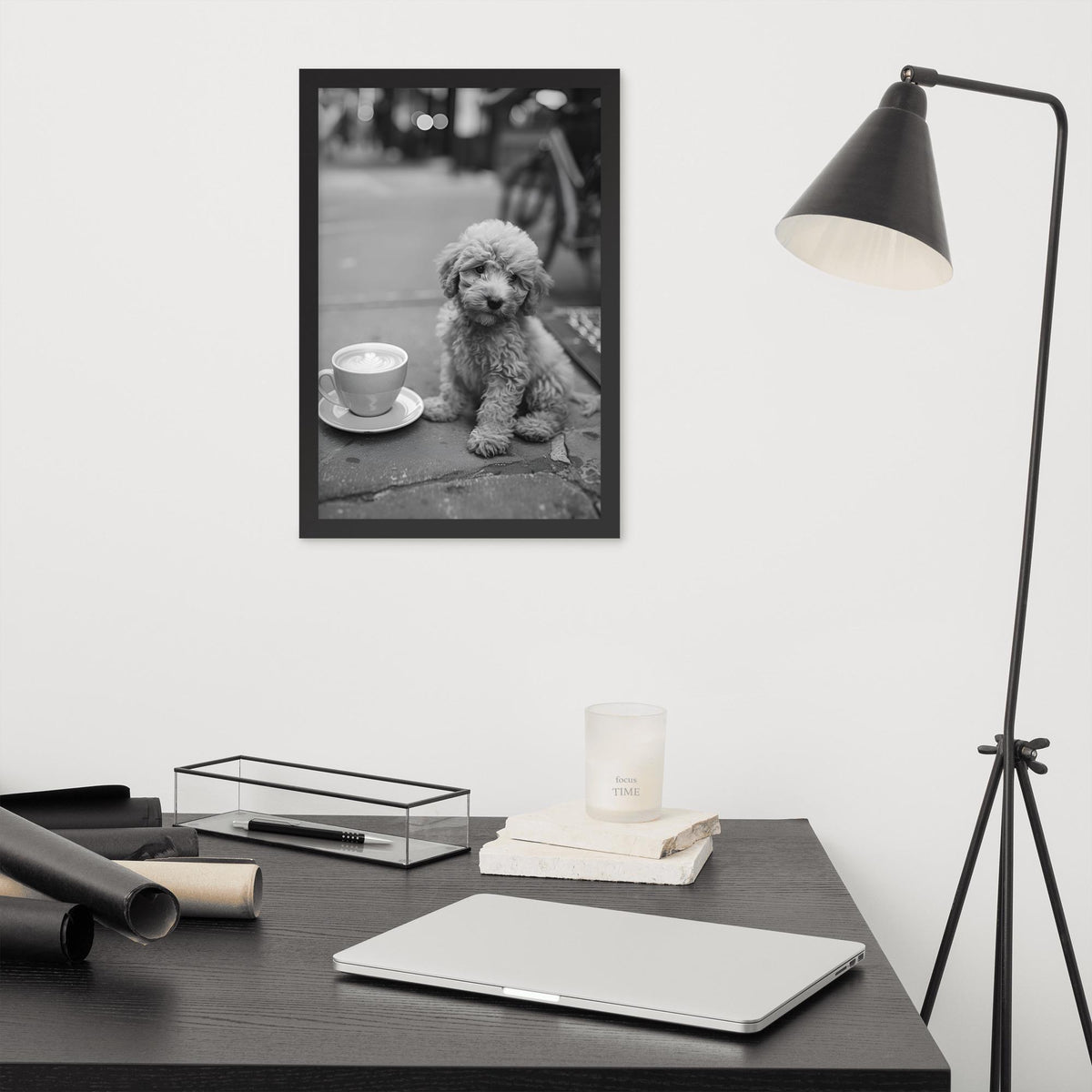 Poodle Puppy Black & White Print showcasing black white photo, a great pick for monochrome puppy art lovers
