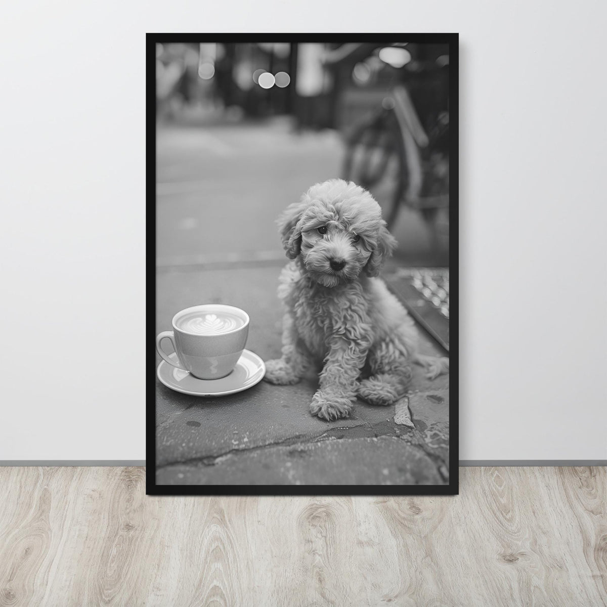 Poodle Puppy Black & White Print displayed in a modern room, ideal black white prints accent for poodle print
