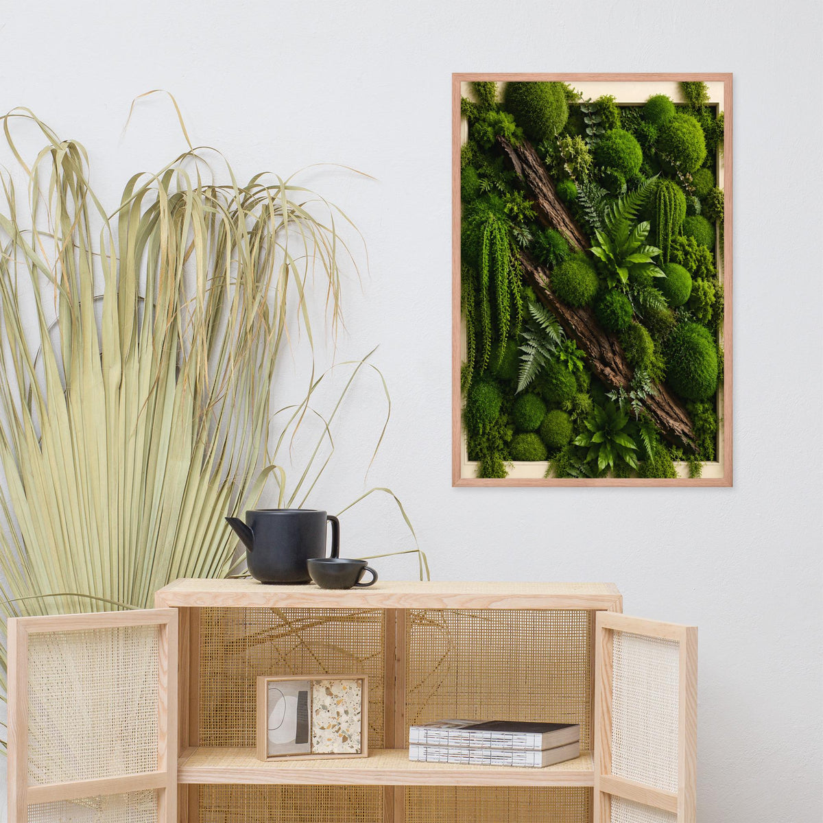 Moss Wall Art Print displayed in a modern room, ideal green botanical art accent for moss wall art