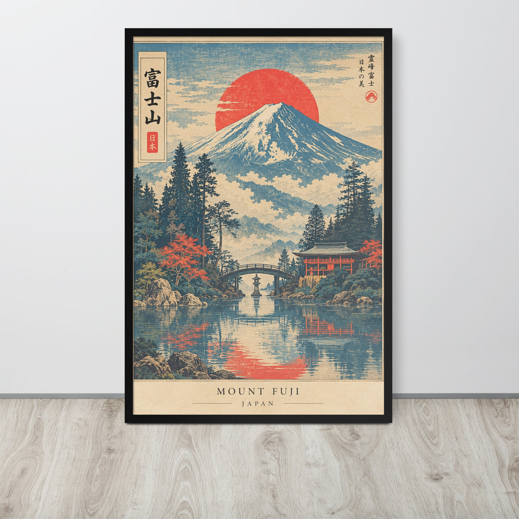 Vertical art print of Mount Fuji in a traditional Japanese ukiyo-e style. The print features a large red sun, a snow-capped mountain, pine trees, a bridge, and a temple over calm water, with 'MOUNT FUJI JAPAN' printed at the bottom.