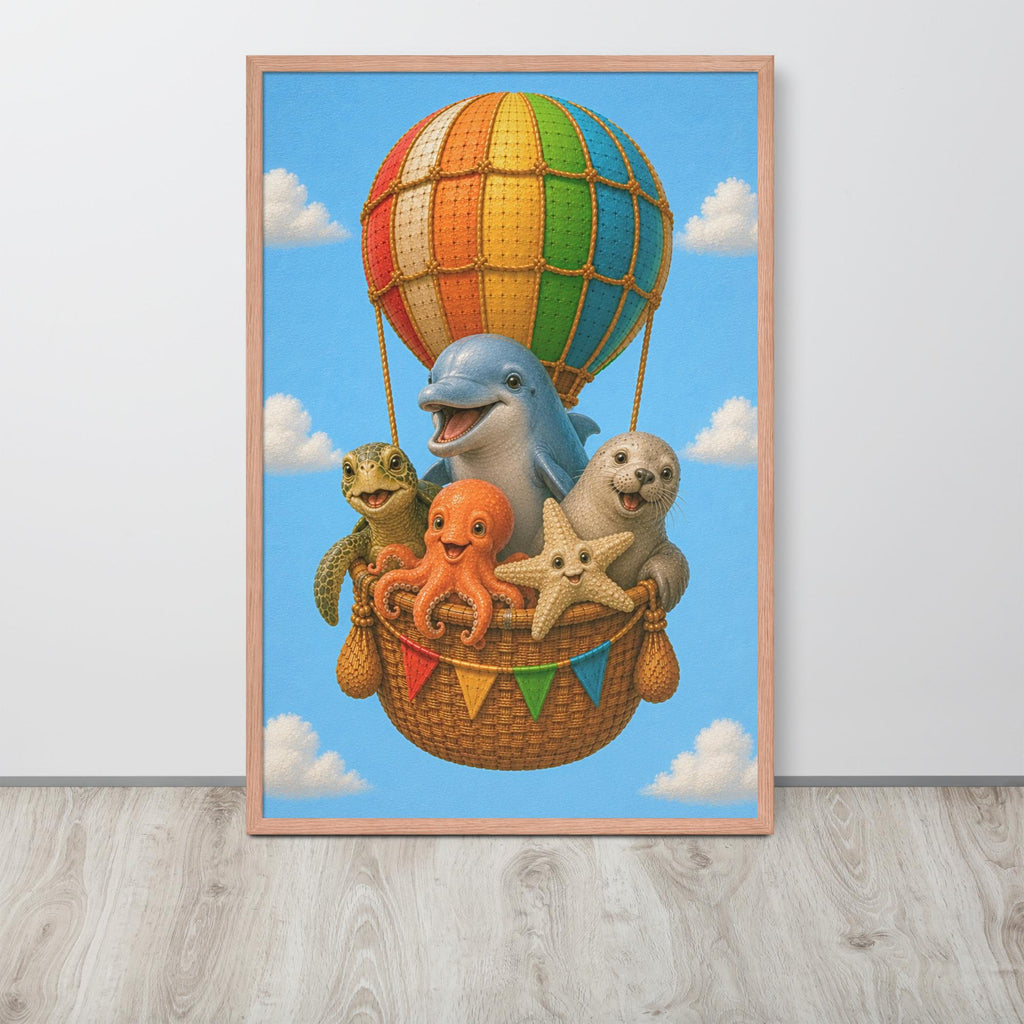 Ocean Animals Hot Air Balloon Nursery Wall Art displayed in a modern room, ideal marine nursery decor accent for ocean nursery decor