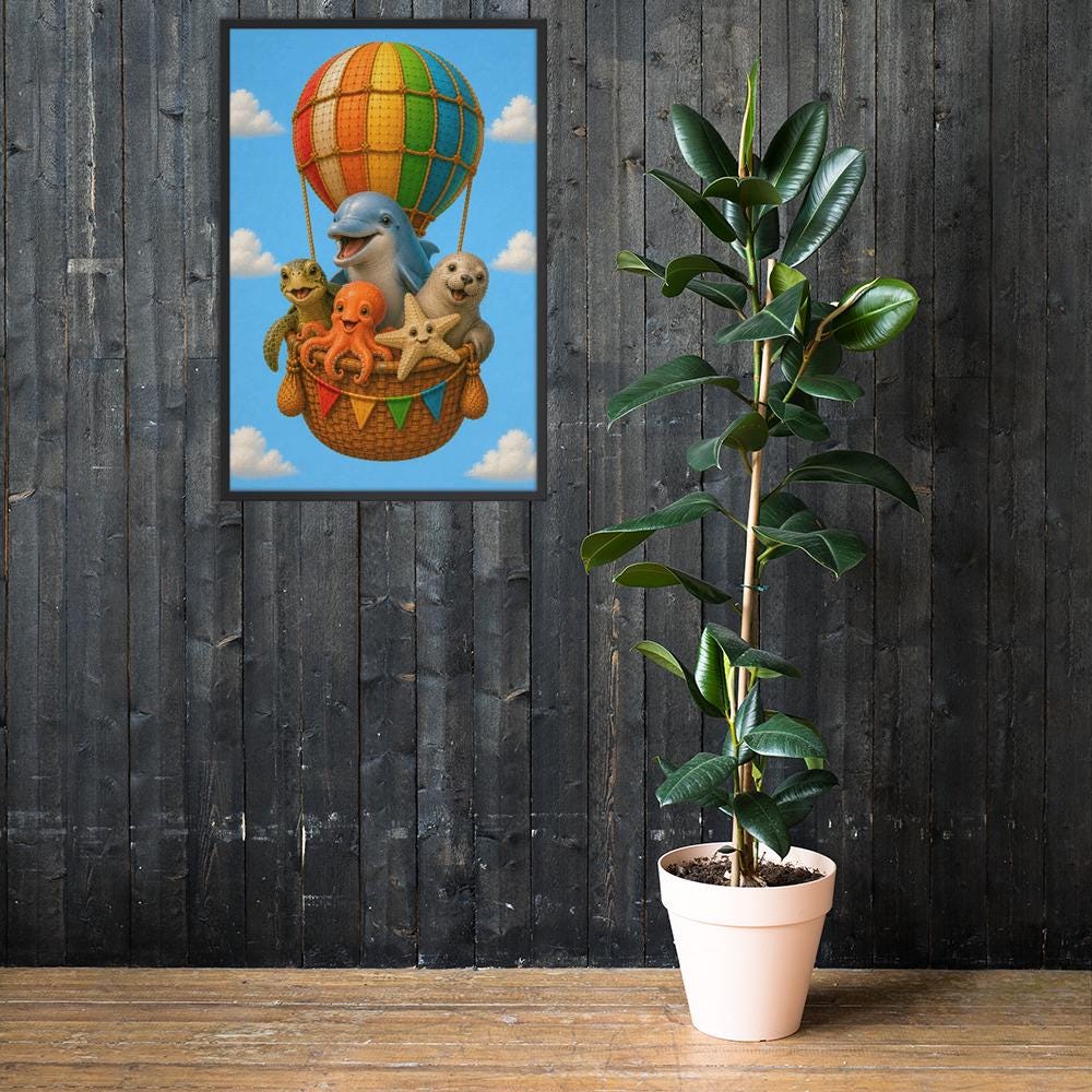 Ocean Animals Hot Air Balloon Nursery Wall Art styled on a wall, blending coastal nursery and ocean kids room inspiration