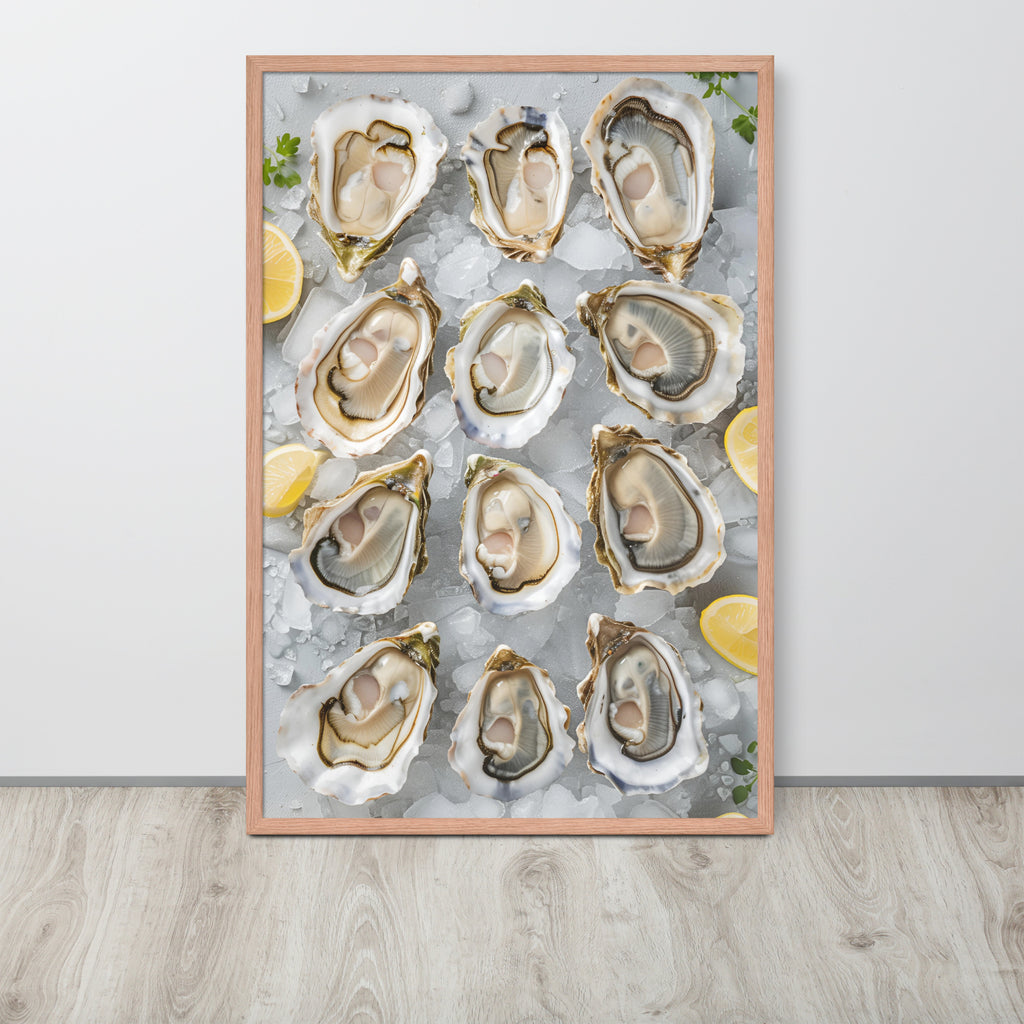 Seafood bar wall art print featuring a top-down photograph of raw oysters on ice with lemon wedges, leaning against a white wall on a light wood floor.