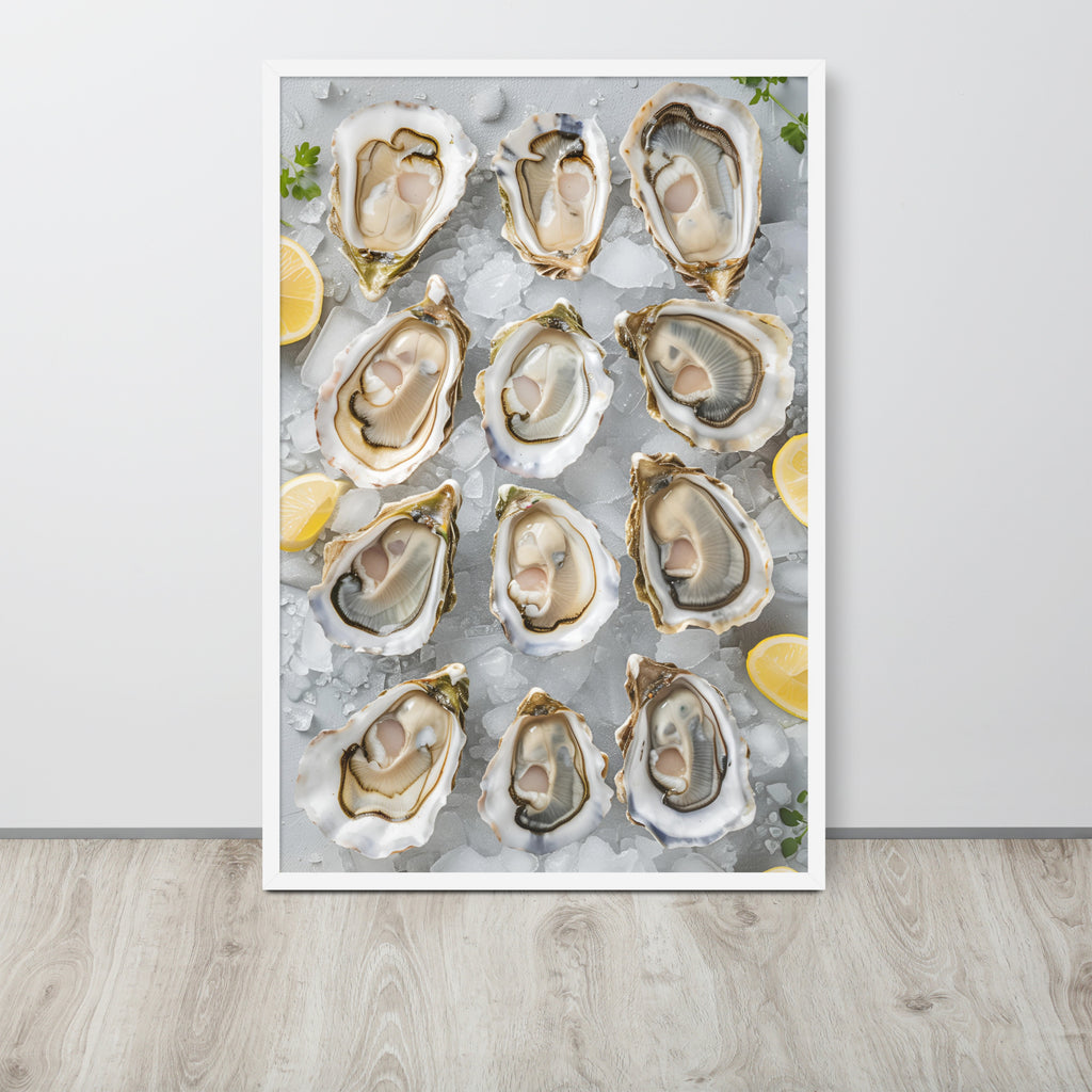 Seafood restaurant wall art print featuring a top-down photograph of raw oysters on ice with lemon slices, displayed against a light wall on a light wood floor.