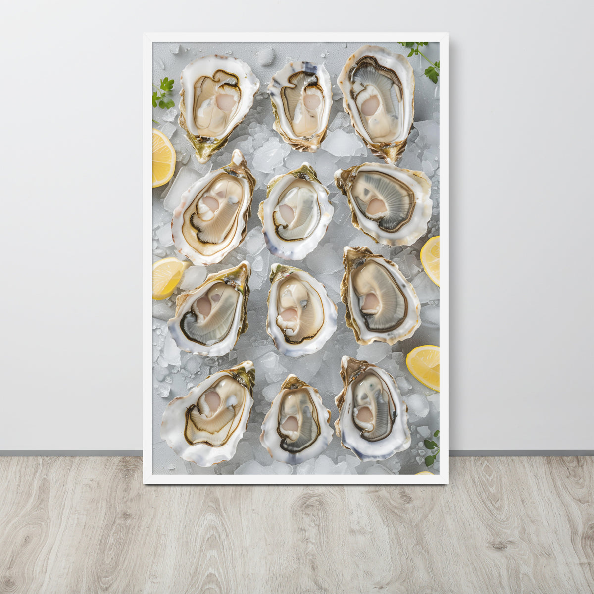 Seafood restaurant wall art print featuring a top-down photograph of raw oysters on ice with lemon slices, displayed against a light wall on a light wood floor.