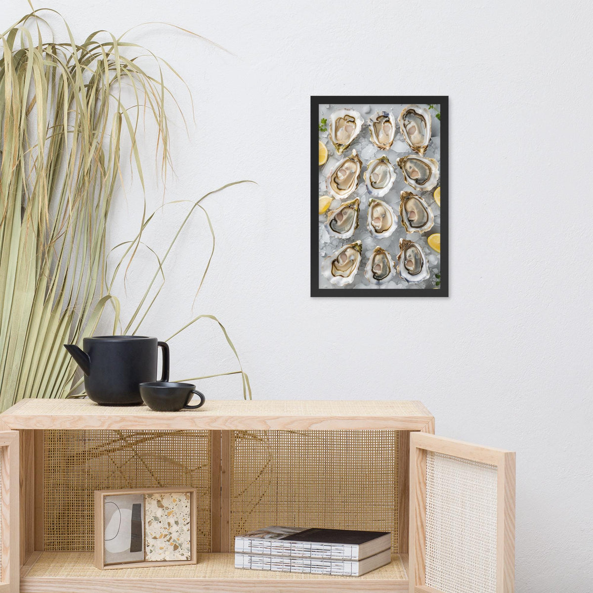 Oyster Wall Art Print styled on a wall, blending coastal wall decor and oyster poster inspiration
