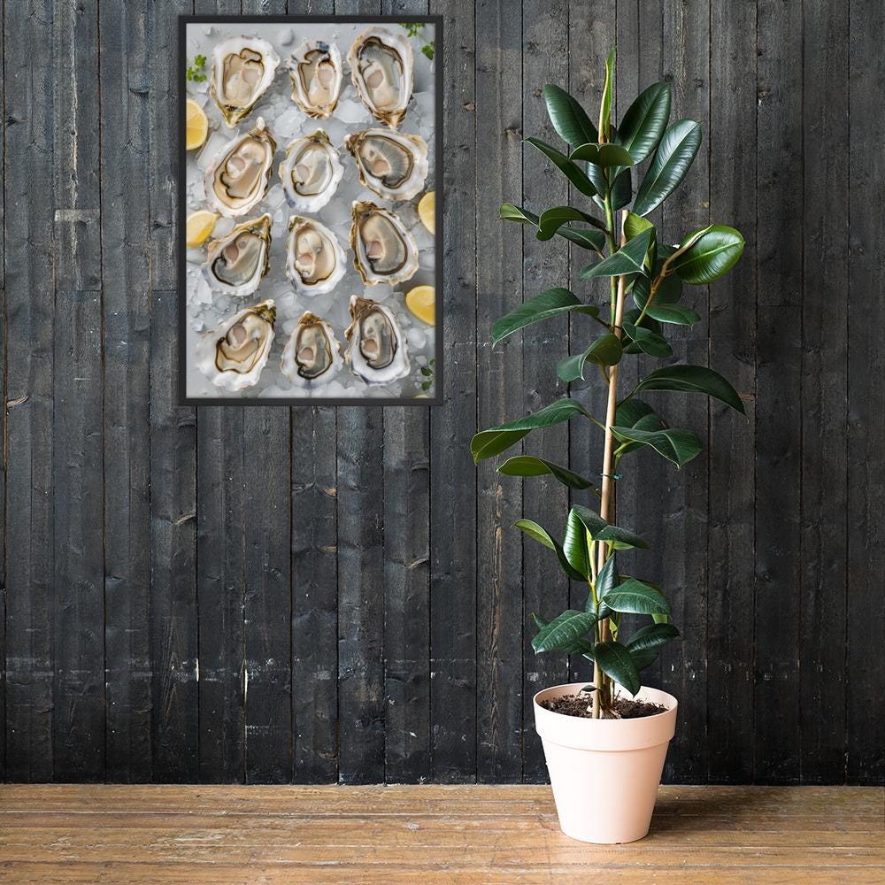 Oyster Wall Art Print mockup highlighting food photography and oyster wall art style