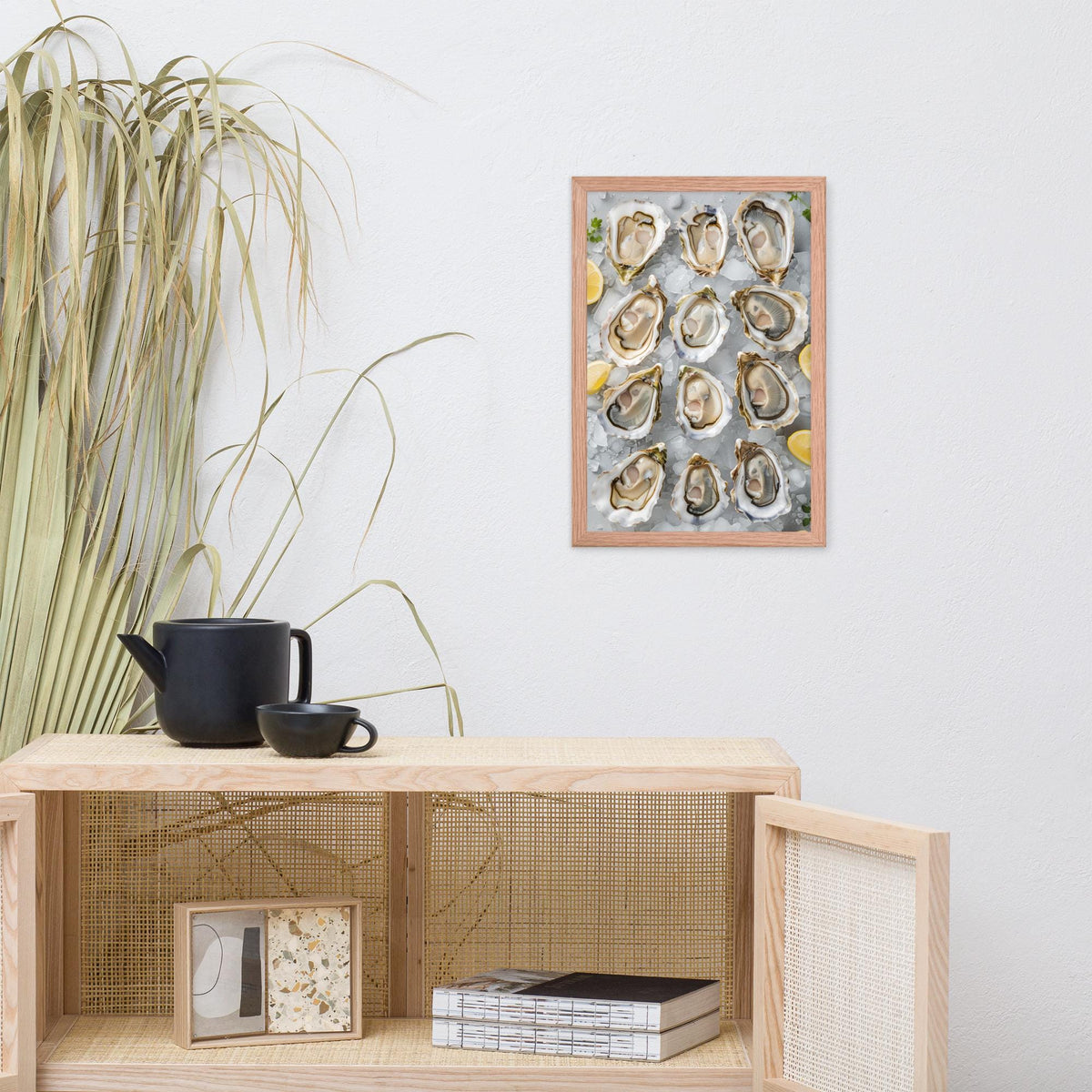 Oyster Wall Art Print displayed in a modern room, ideal kitchen wall art accent for restaurant wall art