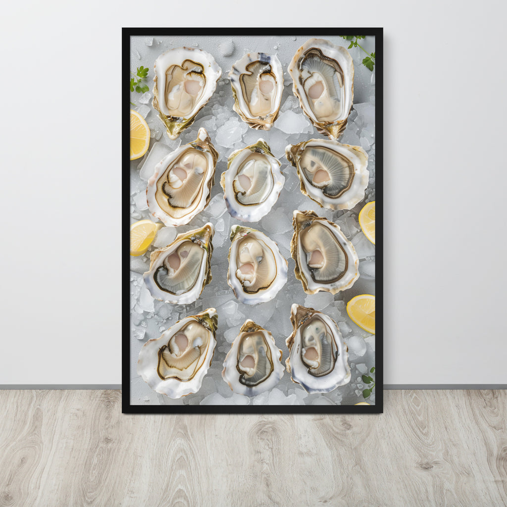 Oyster wall art print featuring a top-down photograph of raw oysters on ice with lemon slices, displayed against a light wall on a light wood floor.