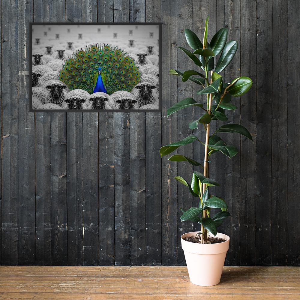 Peacock Among Sheep Print styled on a wall, blending dopamine decor and peacock art inspiration