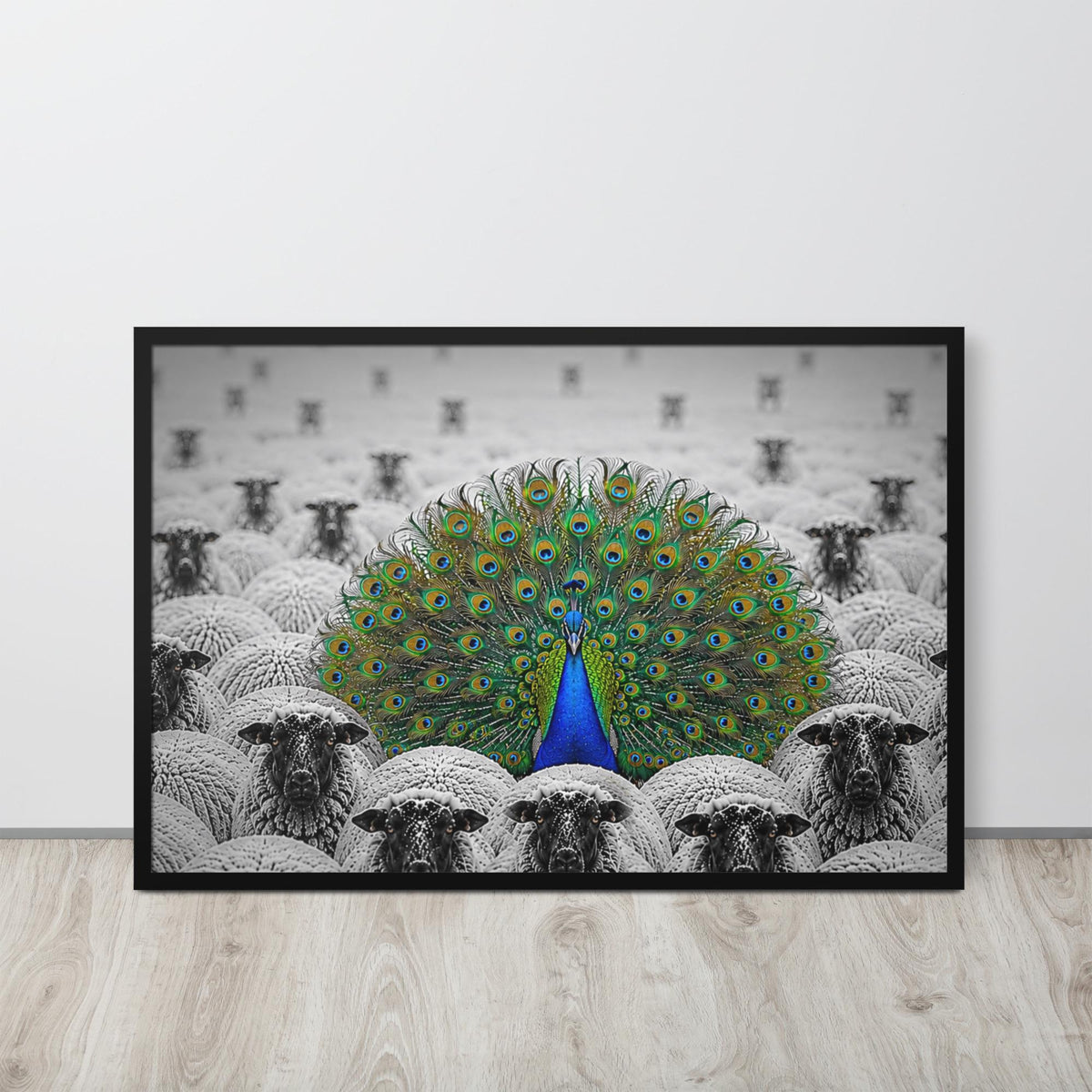 Peacock Among Sheep Print mockup highlighting masculine wall art and peacock poster style