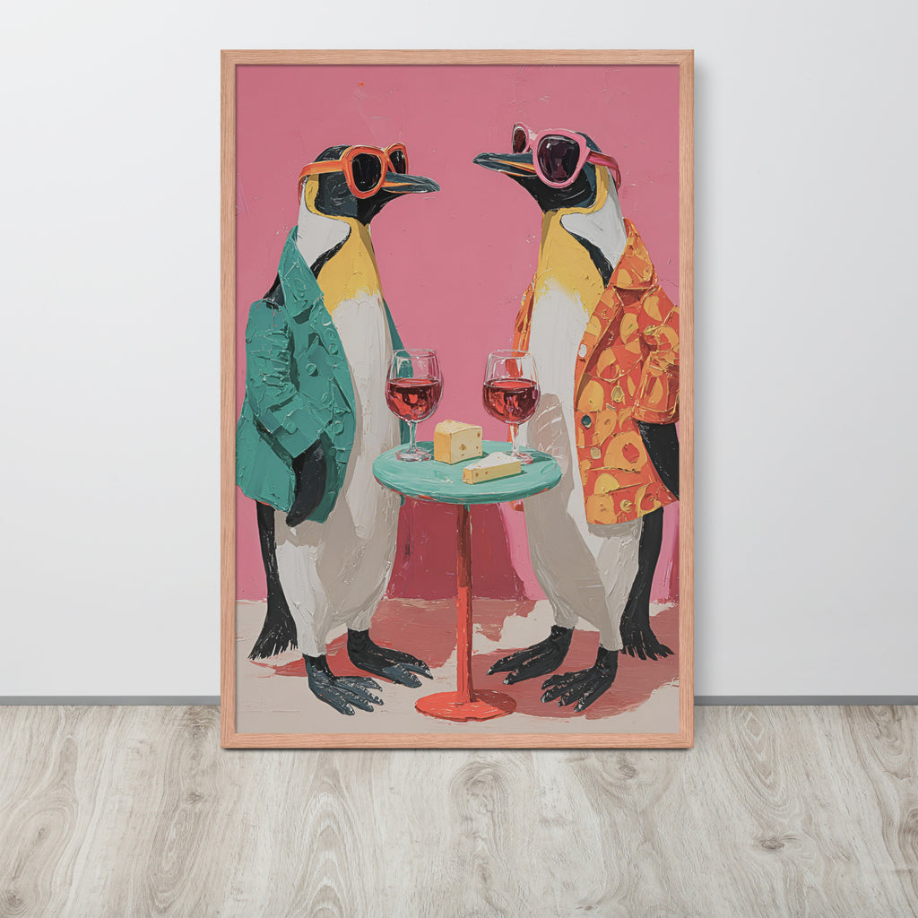 A framed funny dining room wall art print featuring a whimsical illustration of two penguins wearing sunglasses and stylish jackets, standing at a small table with glasses of red wine on a pink background, displayed against a white wall on a light wood floor.