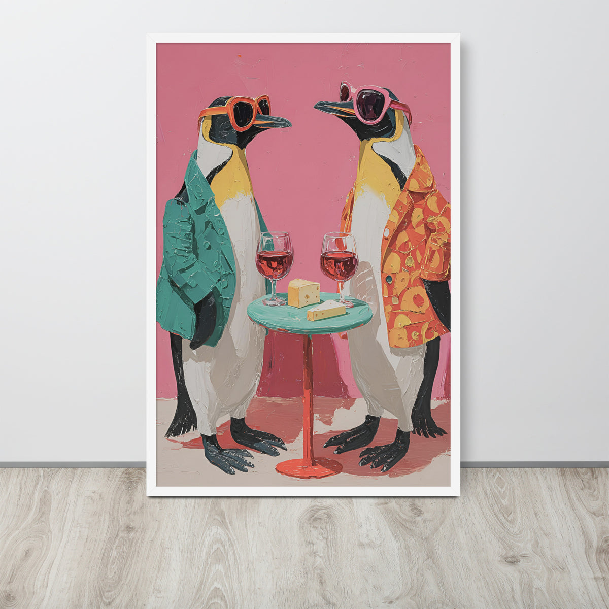 A framed funny home bar wall art print featuring a whimsical illustration of two penguins wearing sunglasses and jackets, standing behind a small table with two glasses of red wine, set against a pink background. The print is displayed on a light gray wall above a light wood floor.
