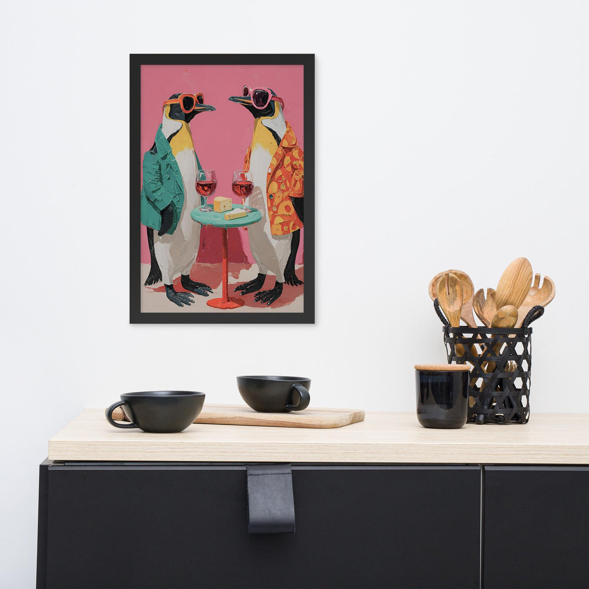 Penguin Wine & Cheese Wall Art styled on a wall, blending funny kitchen art and penguin gift inspiration