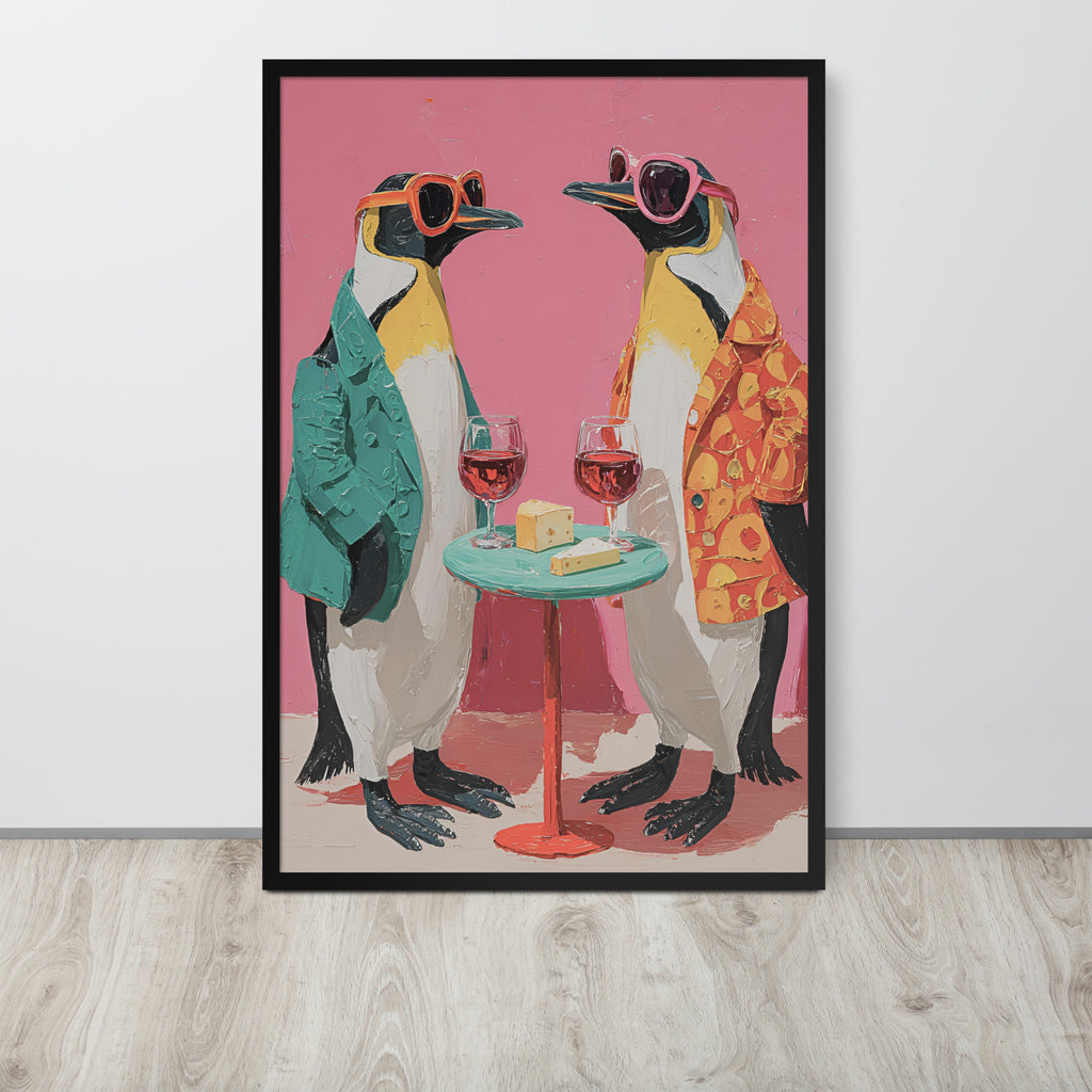 A framed funny kitchen wall art print featuring a stylized illustration of two penguins wearing sunglasses and jackets, standing at a small table with wine glasses against a pink background, displayed on a light wood floor against a white wall.