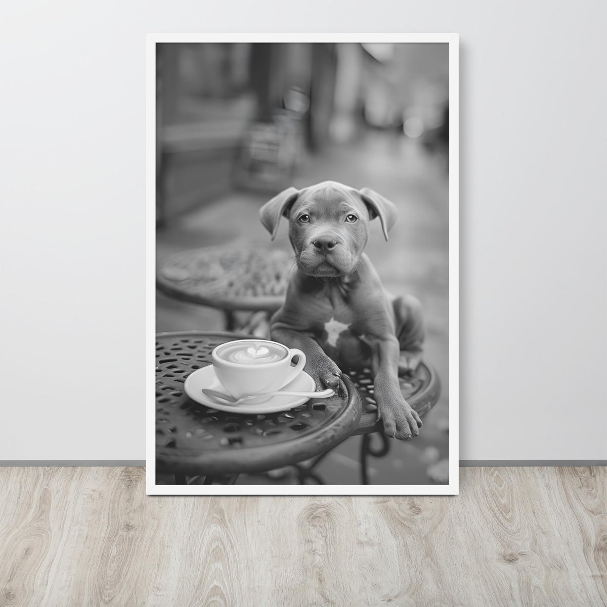 Pitbull Puppy Black & White Print hanging as puppy print decor with a fine art photography look