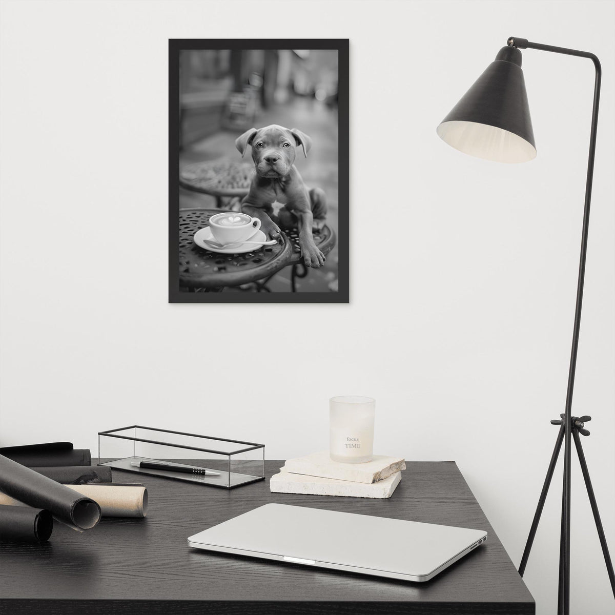 Pitbull Puppy Black & White Print styled on a wall, blending black and white dog and minimalist dog art inspiration