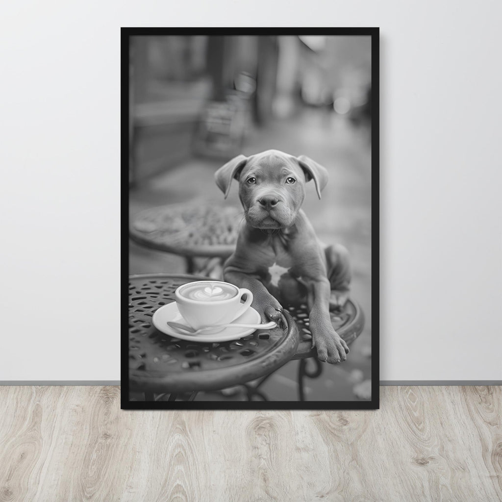 Pitbull Puppy Black & White Print displayed in a modern room, ideal black white prints accent for pitbull print