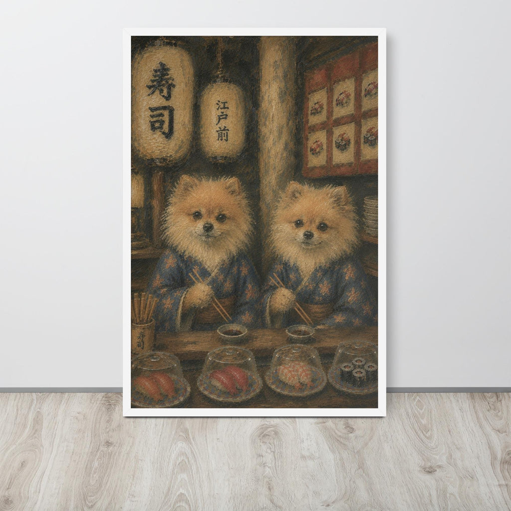 Pomeranian Japanese Bar Wall Art Print lifestyle photo capturing pomeranian painting, suited to funny dog poster spaces