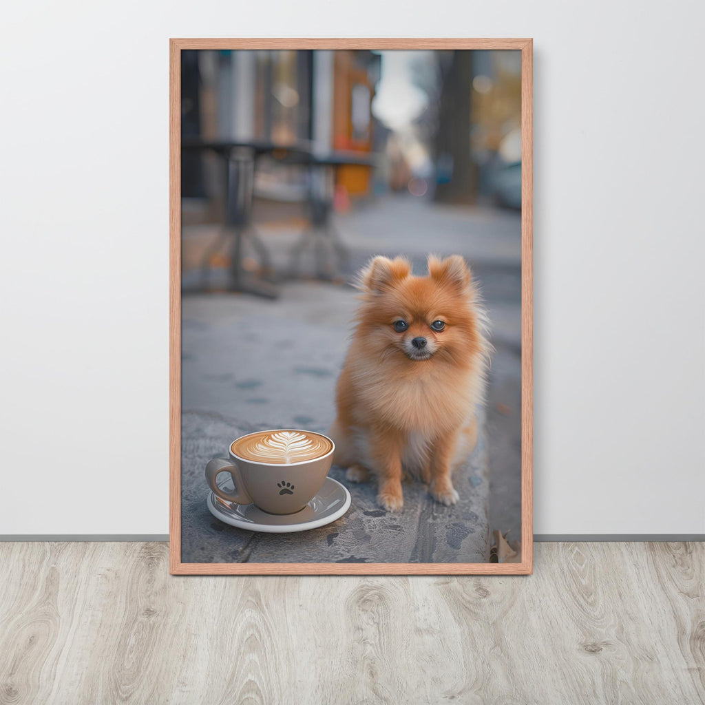 Pomeranian Puppy Dog Coffee Poster with dog cafe wall art details, curated for pomeranian print interiors