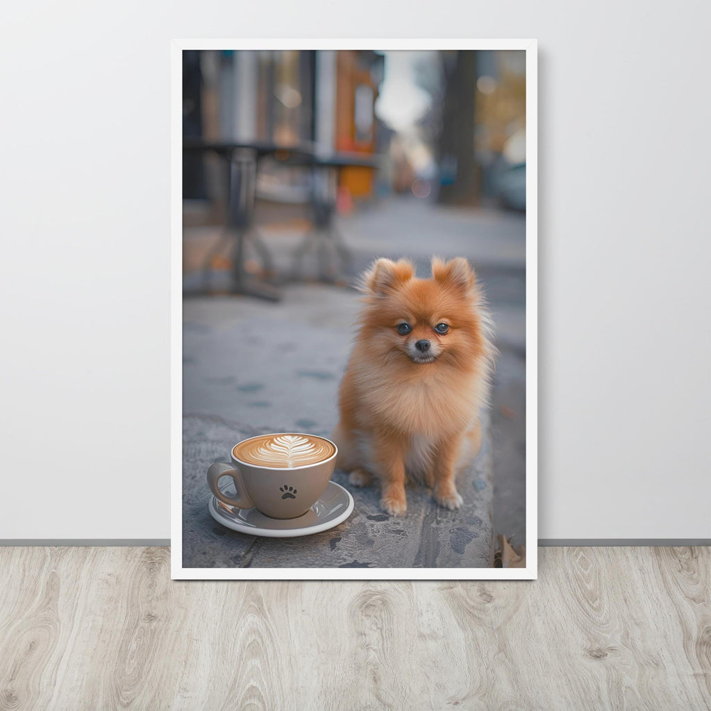 Pomeranian Puppy Dog Coffee Poster hanging as pomeranian wall art decor with a dog lover gifts look