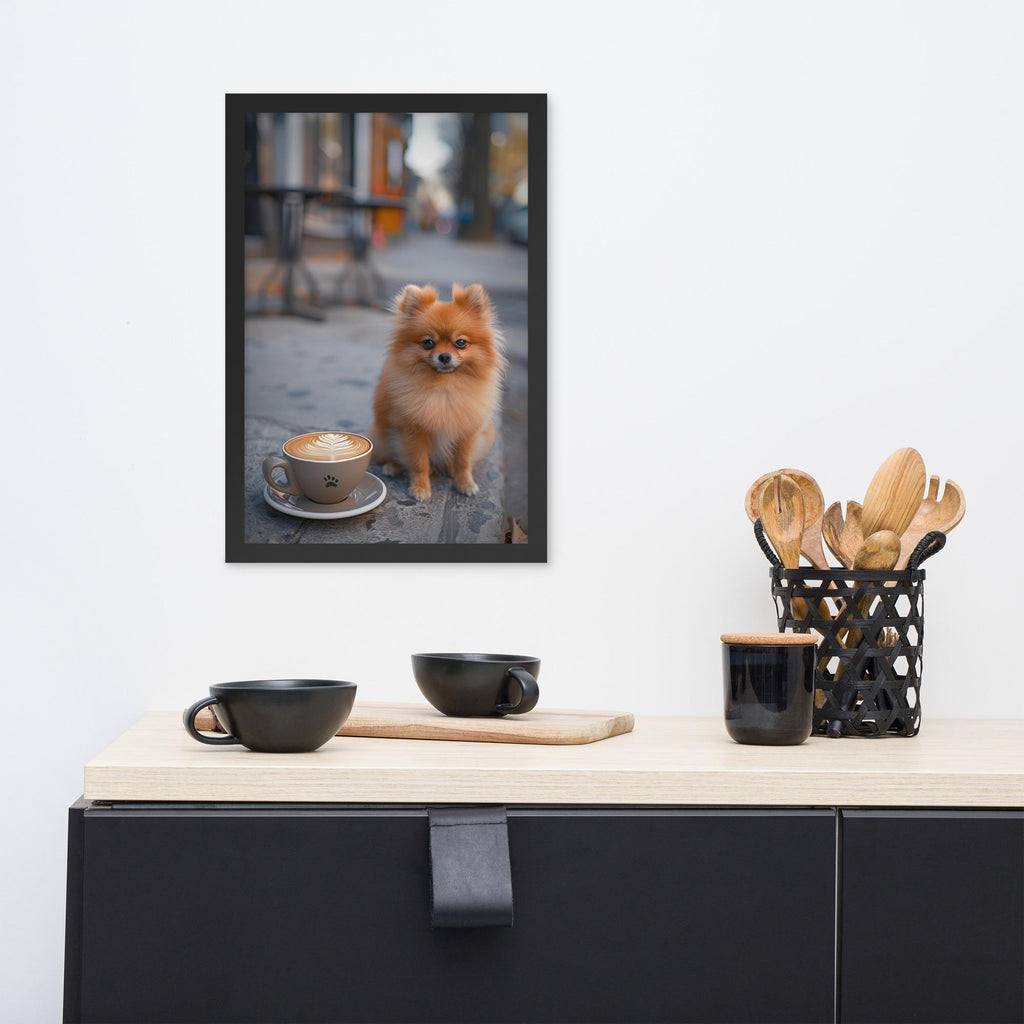 Pomeranian Puppy Dog Coffee Poster styled on a wall, blending coffee dog poster and espresso poster inspiration