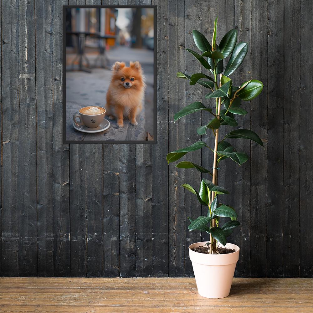 Pomeranian Puppy Dog Coffee Poster mockup highlighting cozy cafe wall art and pomeranian art style