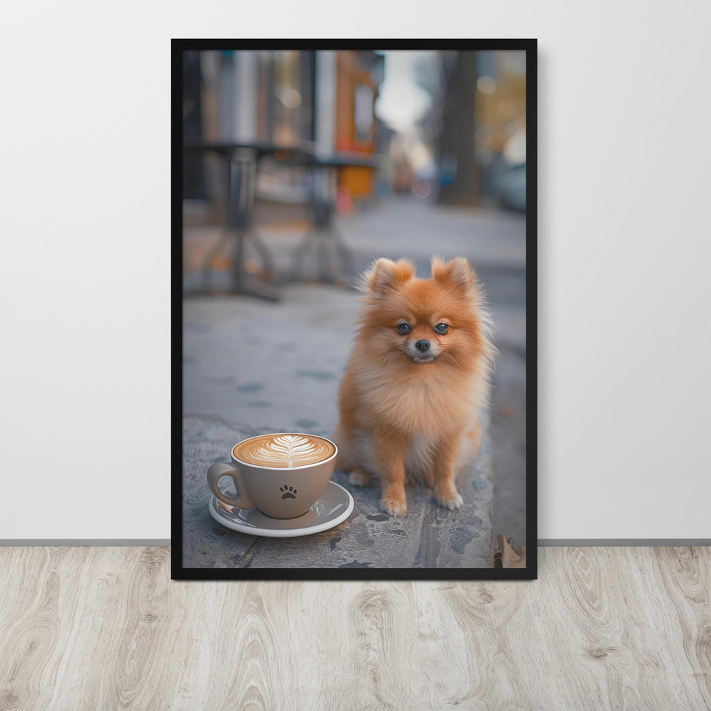 Pomeranian Puppy Dog Coffee Poster displayed in a modern room, ideal cute puppy dog print accent for pomeranian poster