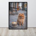 Pomeranian Puppy Dog Coffee Poster displayed in a modern room, ideal cute puppy dog print accent for pomeranian poster
